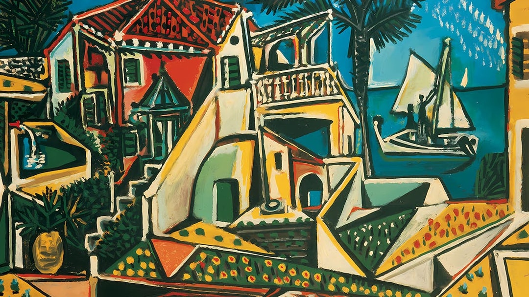 Mediterranean landscape painting by Pablo Picasso, featuring colorful houses and a sailboat, at Albertina Museum.