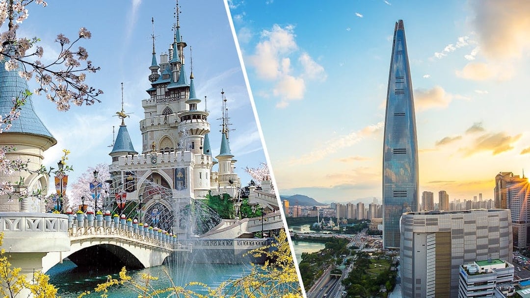 Lotte World castle and Seoul Sky Observatory in Seoul, South Korea.