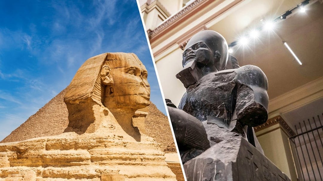 Pyramids of Giza and Sphinx with Grand Egyptian Museum statue, Cairo tour combo.