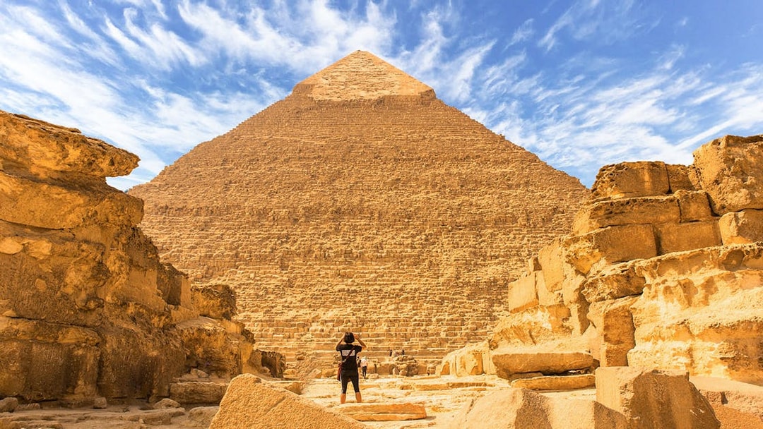 Man viewing the Great Pyramid of Giza in Egypt.