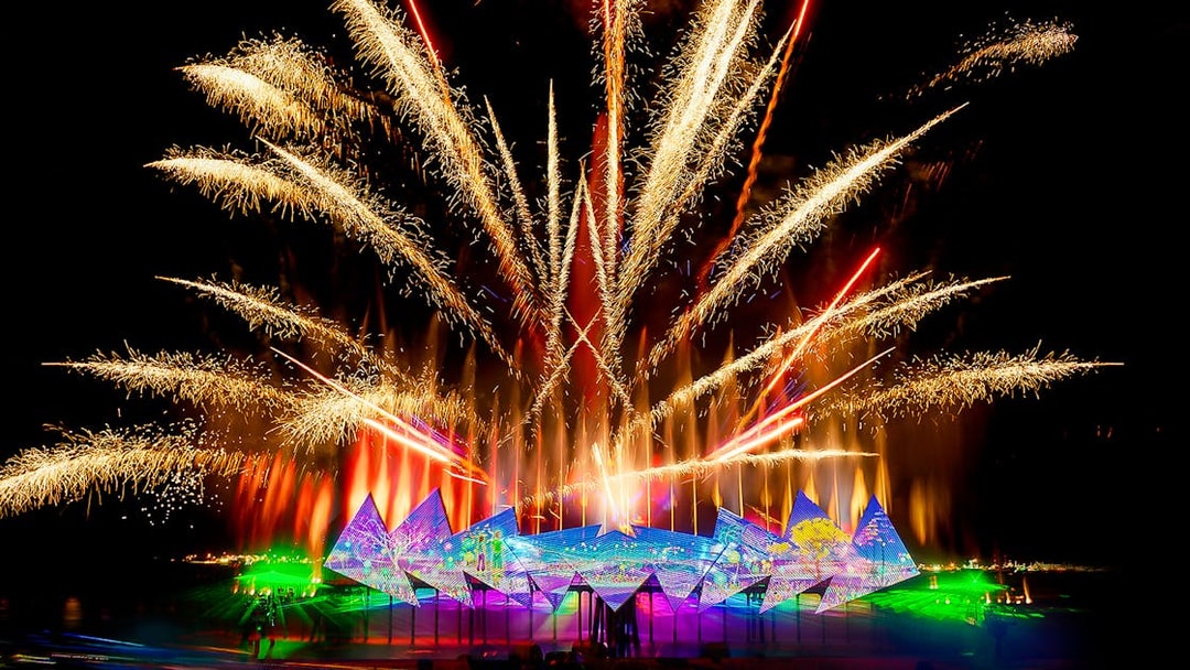 Fireworks display at Wings of Time show, Sentosa, Singapore.