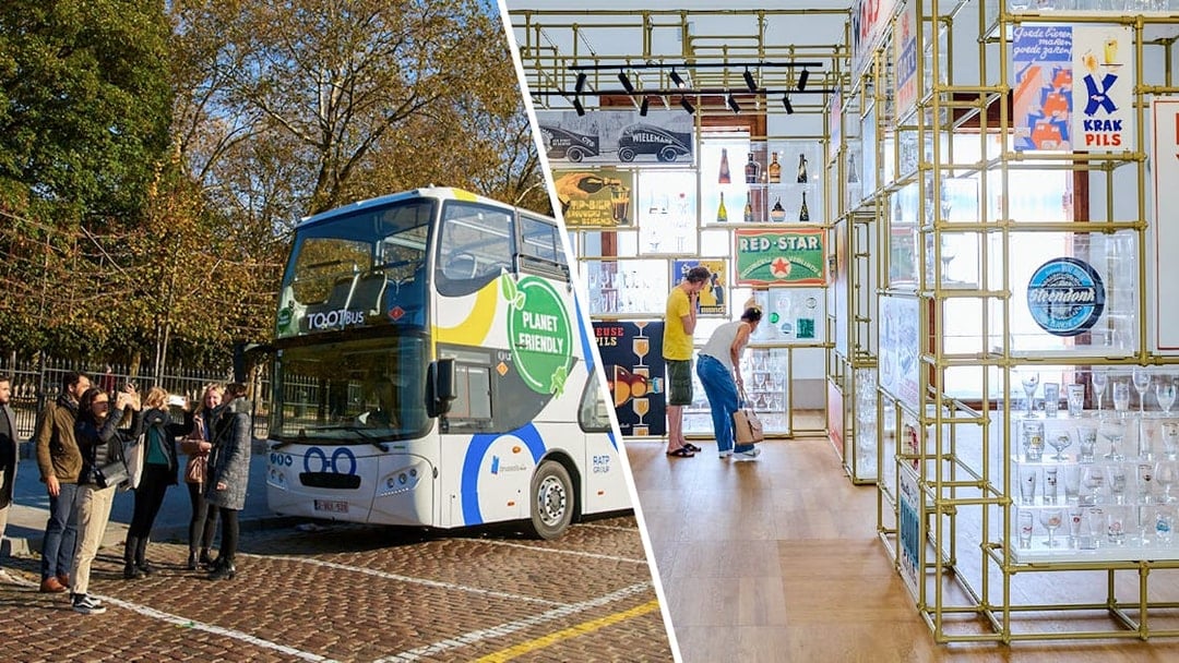 Tourists boarding a bus in Brussels and exploring Belgian Beer World exhibits.