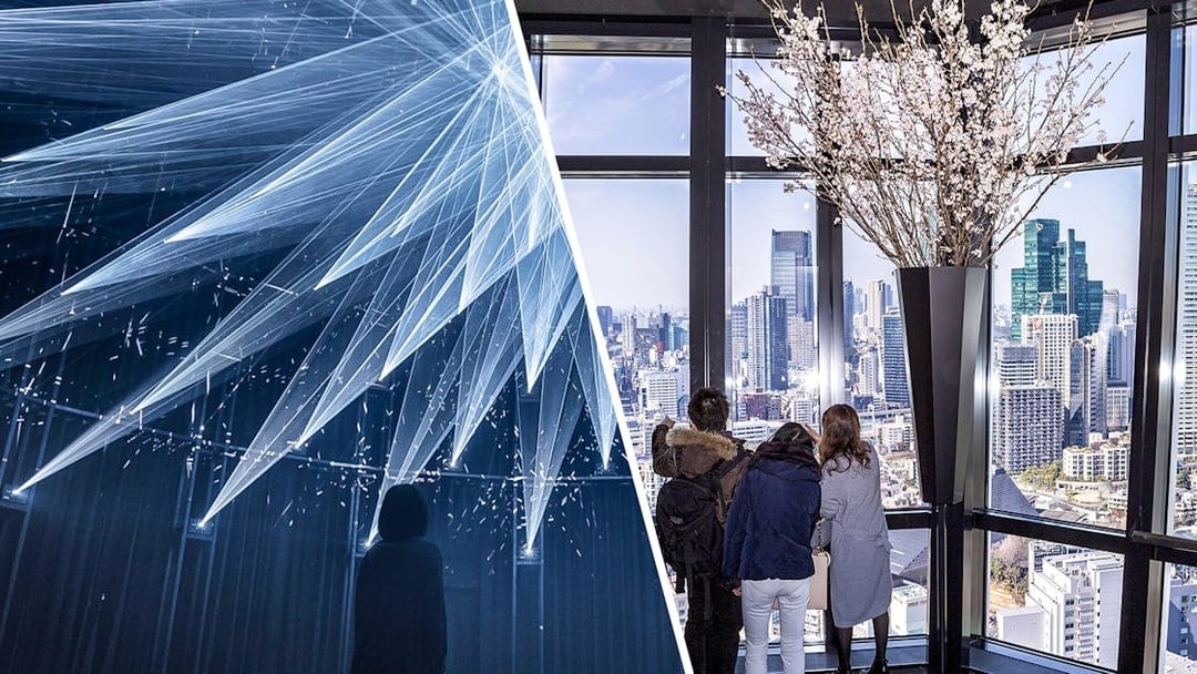 teamLab Planets TOKYO light installation and Tokyo Tower Main Deck city view.