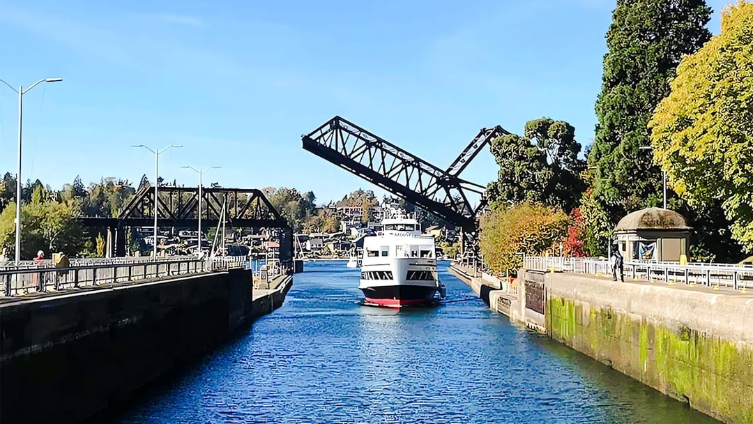 Boat passing through a raised drawbridge on a harbor cruise.