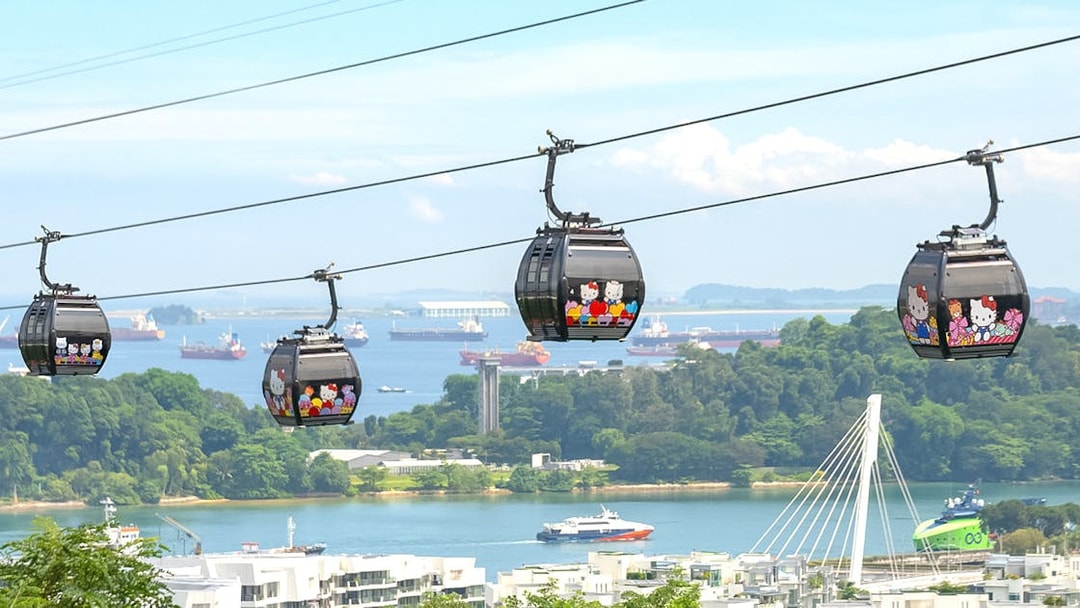 Singapore Cable Car over Sentosa Island with scenic views of the harbor and lush greenery.