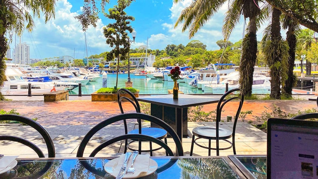 Dining view of yachts at Sentosa Cove, Singapore, with palm trees and marina.