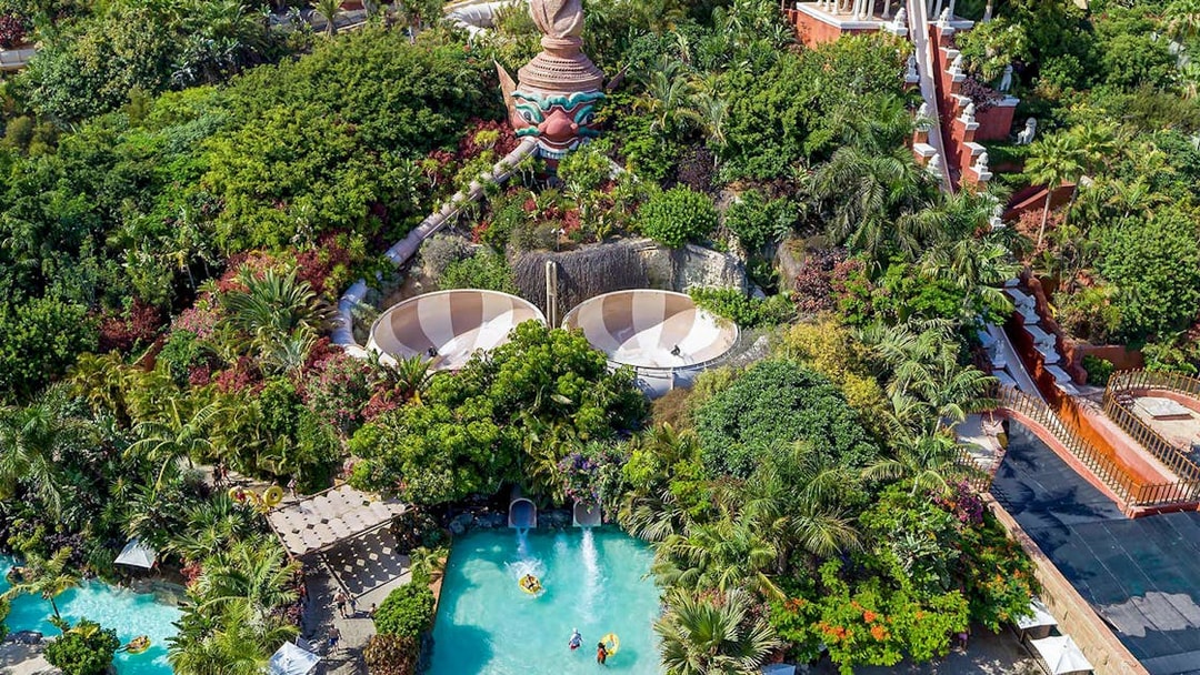 Tourist exploring lush tropical gardens and unique architecture at Loro Parque.