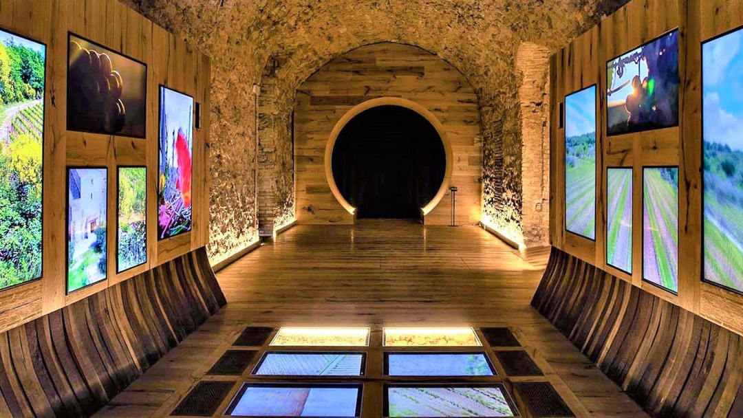 Interactive exhibit at Museum of Brunello di Montalcino featuring vineyard images.