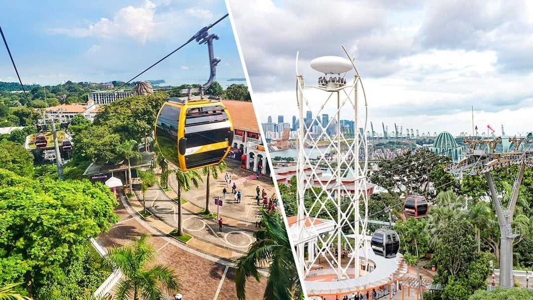 Singapore Cable Car and SkyHelix Sentosa with city skyline in the background.