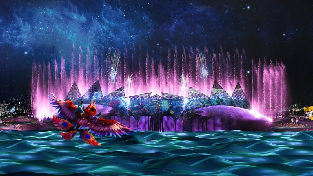 Night show with water, laser, and fire effects at Wings of Time, Sentosa Island, Singapore.