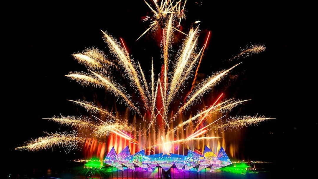 Fireworks display at Wings of Time exhibition, Sentosa Island, at night.