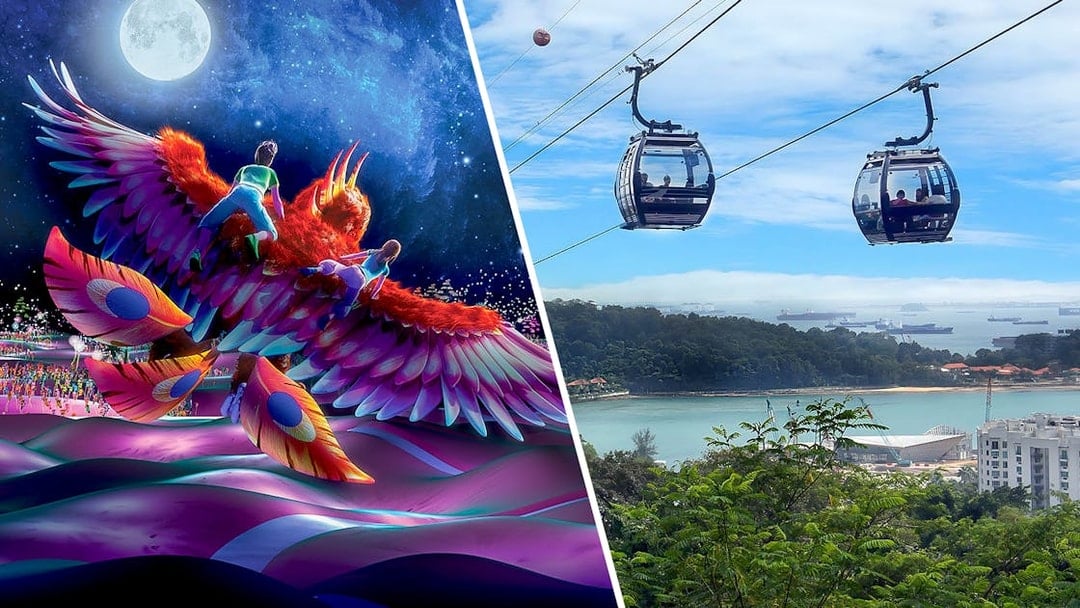 Singapore Cable Car over lush landscape and vibrant Wings of Time show with colorful bird and moon.