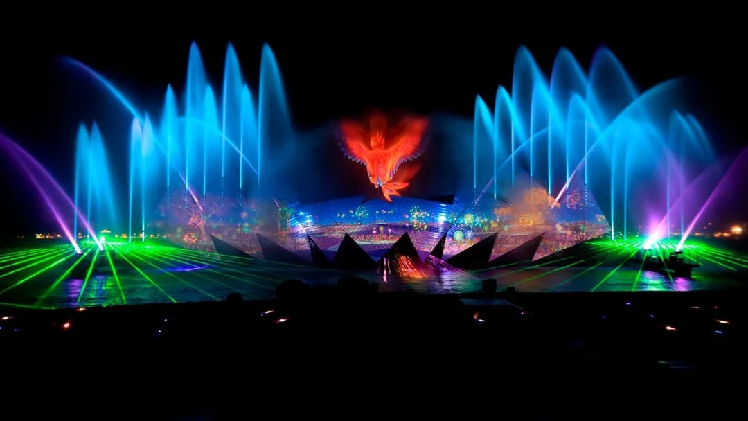 Singapore Wings of Time night show with colorful fountains and laser lights.