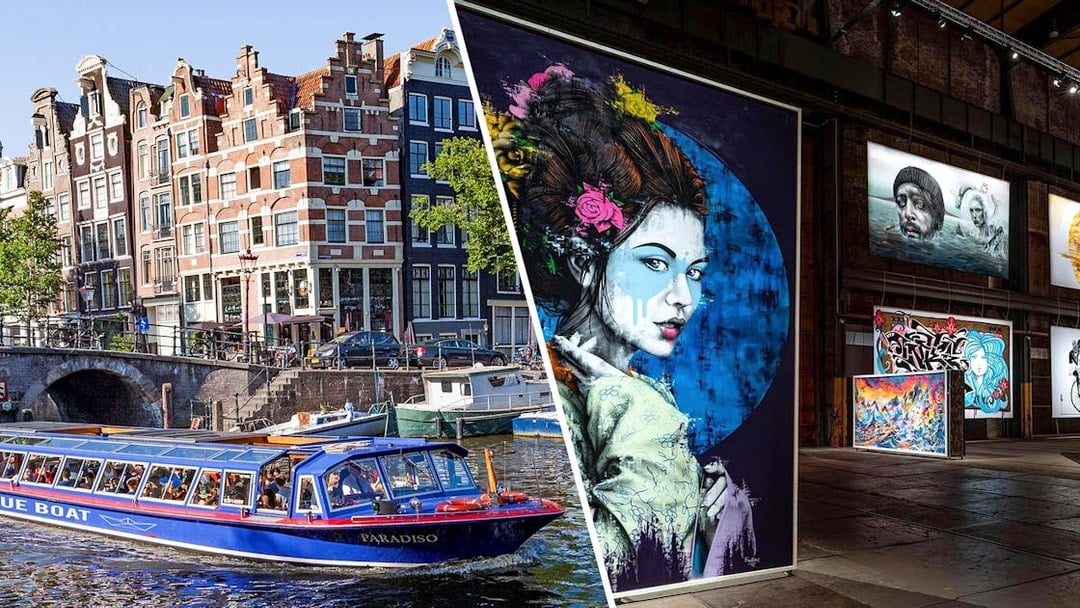 Canal cruise boat on Amsterdam canal and street art inside STRAAT Museum.