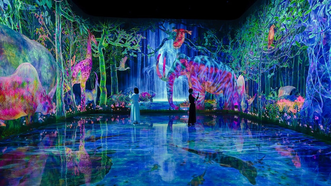 teamLab Planets Tokyo, immersive digital forest with colorful animals and visitors exploring.