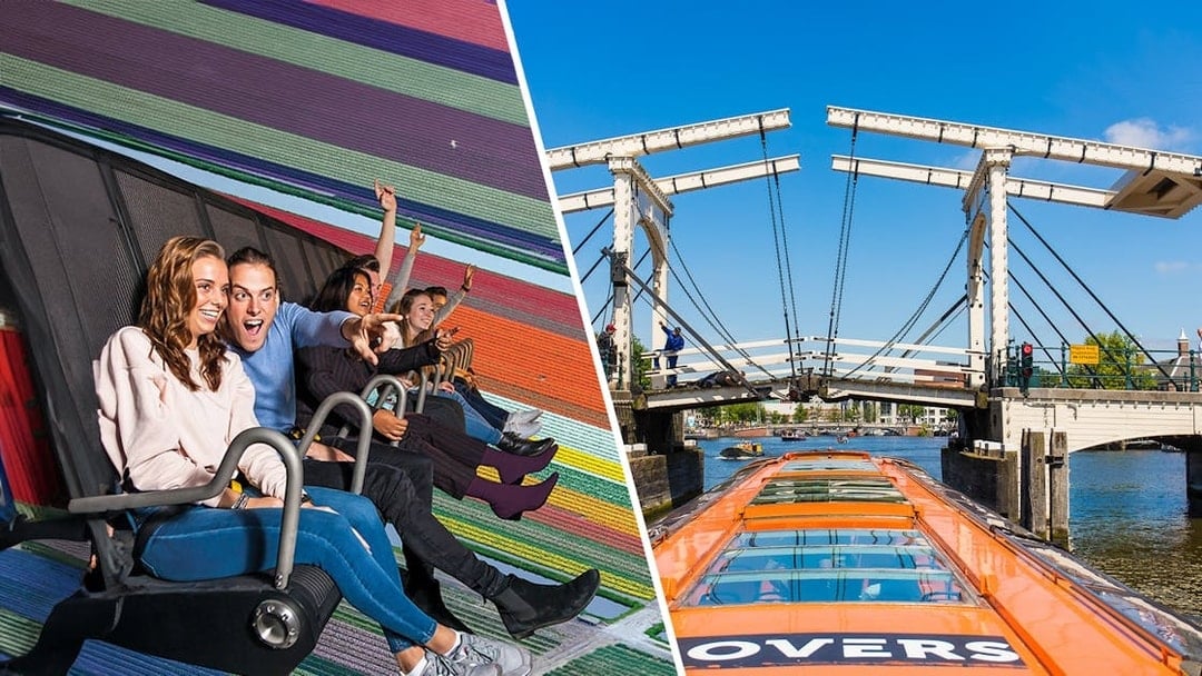 Holland flight simulator experience and Amsterdam canal cruise with iconic bridge.