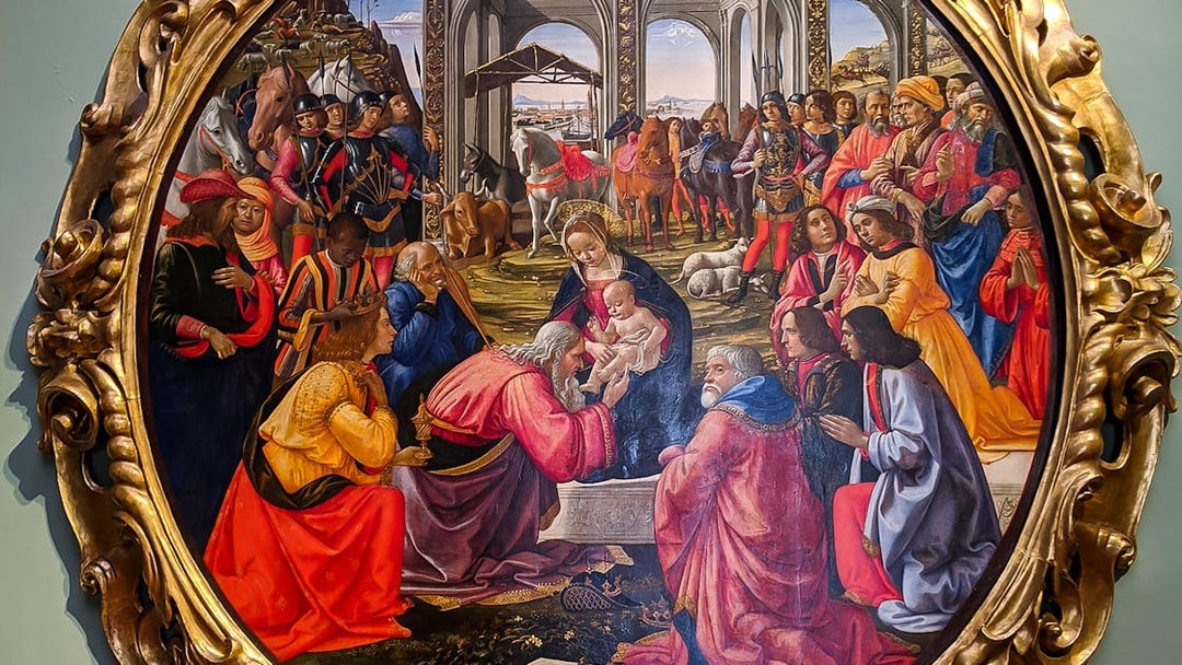Adoration of the Magi painting inside the Uffizi Gallery, Florence.