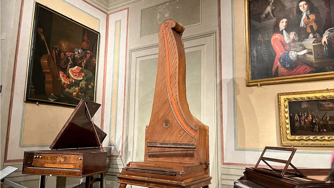 Antique musical instruments displayed at Accademia Gallery, Florence.