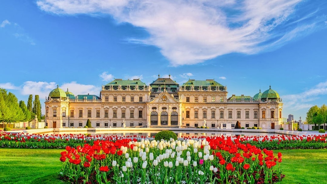 Upper Belvedere Palace with tourists on guided tour, Vienna, skip-the-line entry.