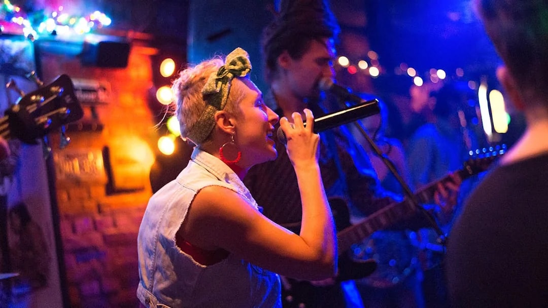 Singer performing at Reduta Jazz Club, Prague.