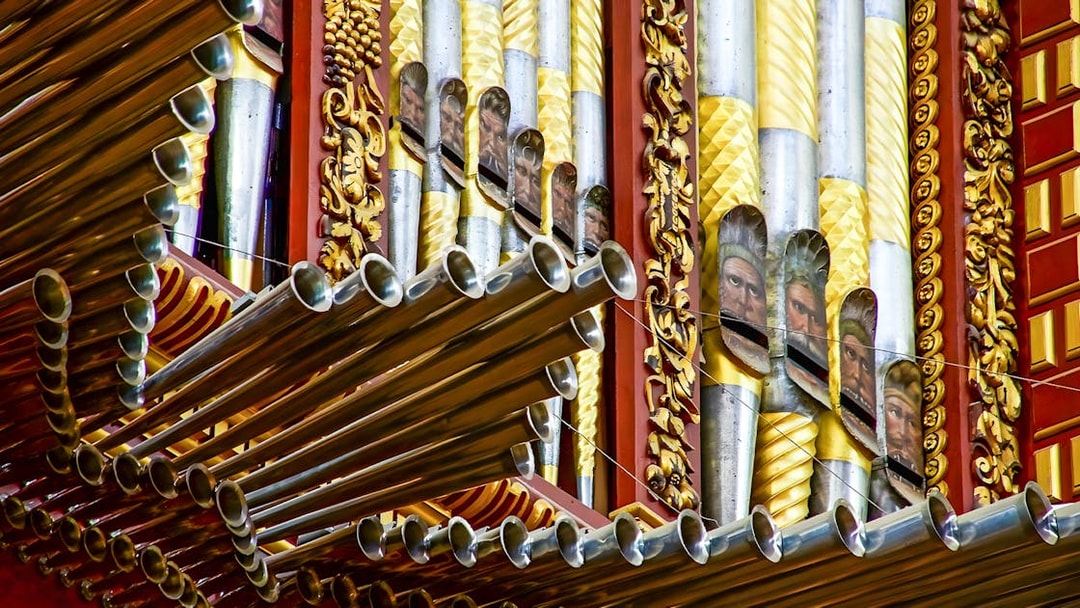 Ornate organ pipes inside Cordoba Mosque-Cathedral, Spain.