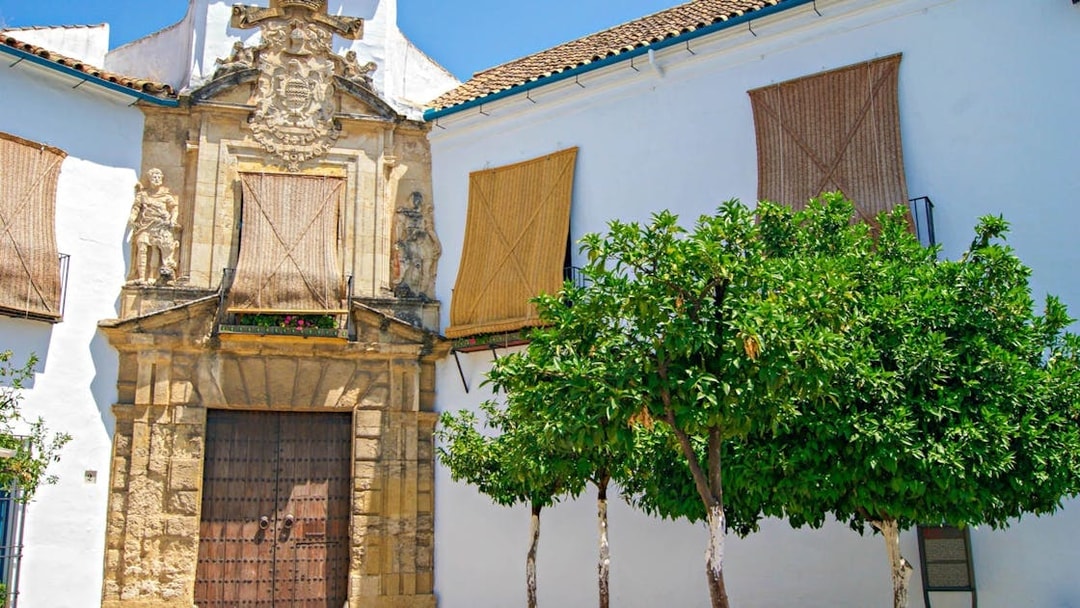 Historic building facade with ornate stonework and trees in Cordoba, Spain.