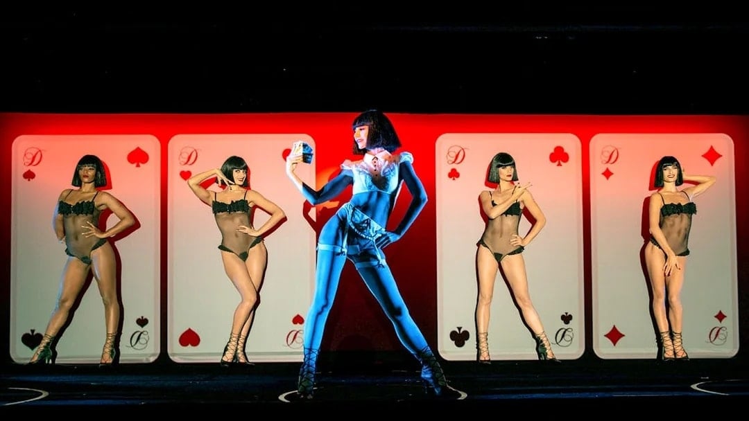 Performer on stage during Crazy Horse Show at Moulin Rouge, Paris.