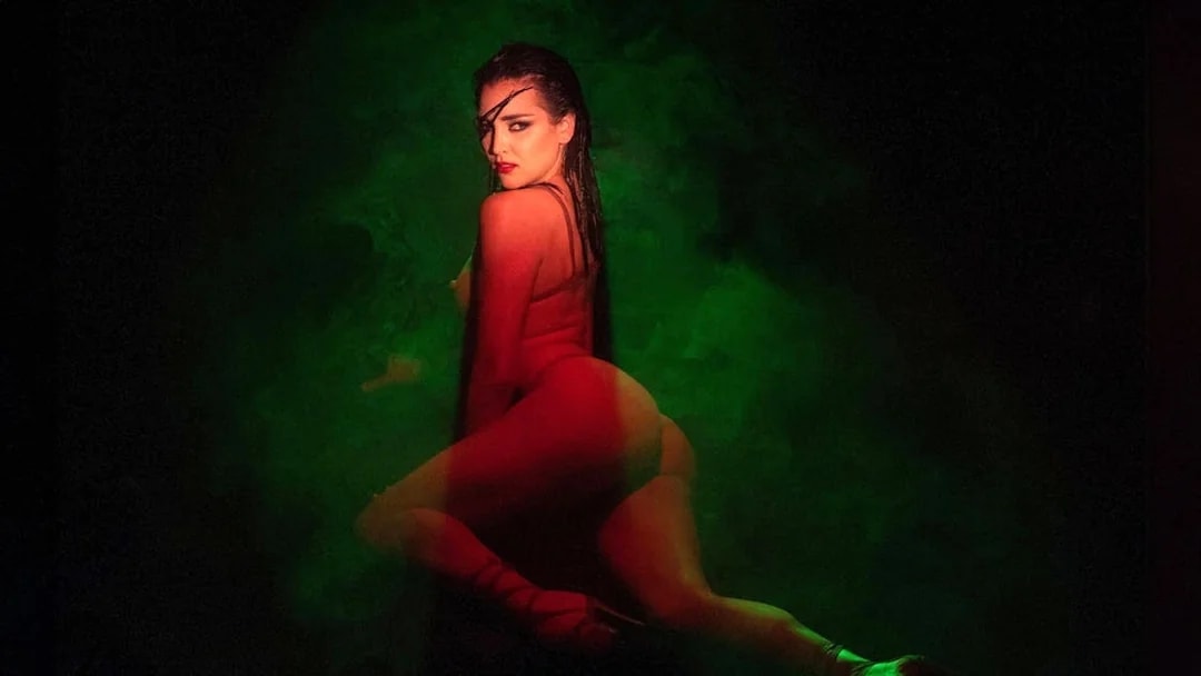 Performer in red lighting at Crazy Horse Paris show.