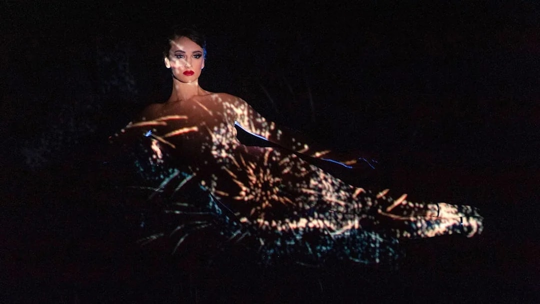 Performer at Crazy Horse Show with light projections, Paris.
