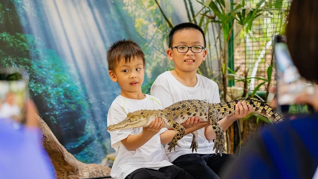 Children holding a young crocodile at Crocodile Adventureland Langkawi.