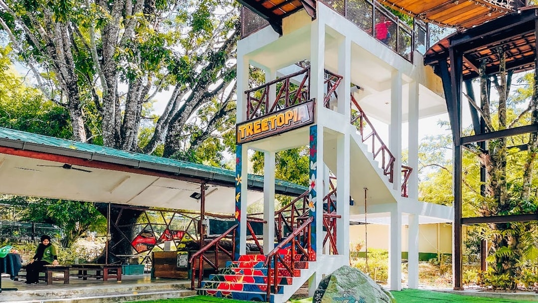 Treetop adventure area at Crocodile Adventureland Langkawi with colorful stairs and greenery.