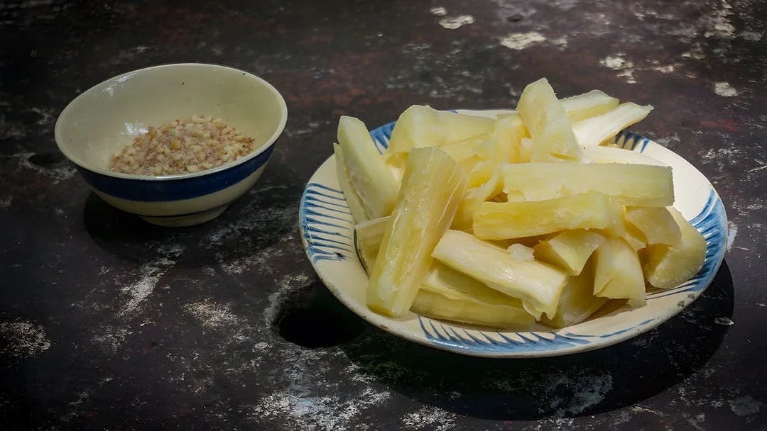 Sugarcane and peanuts served at Cu Chi Tunnel, Vietnam.