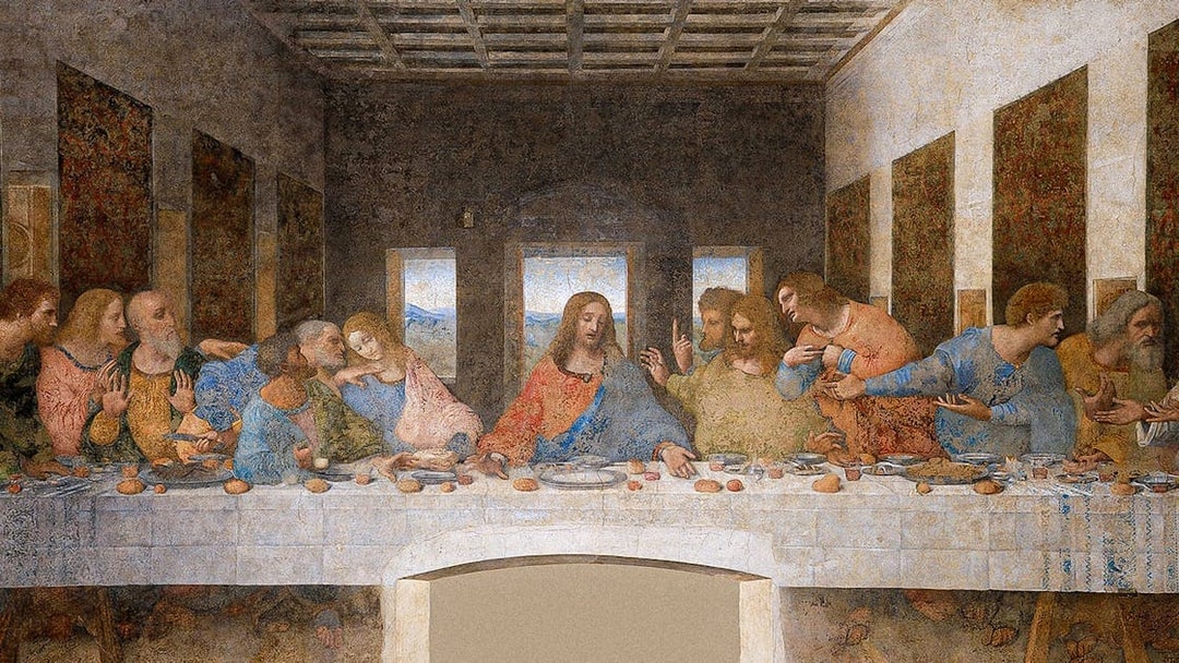 Closeup of Da Vinci's Last Supper, depicting Jesus and apostles at a long table in Milan, Italy.