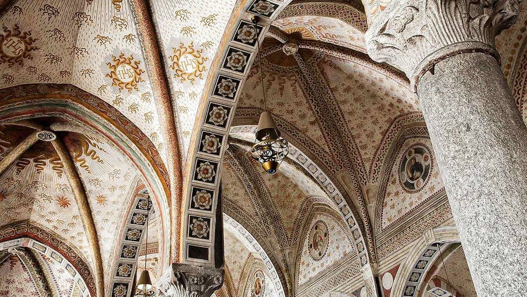 Intricate ceiling and column details in Santa Maria delle Grazie, Milan.