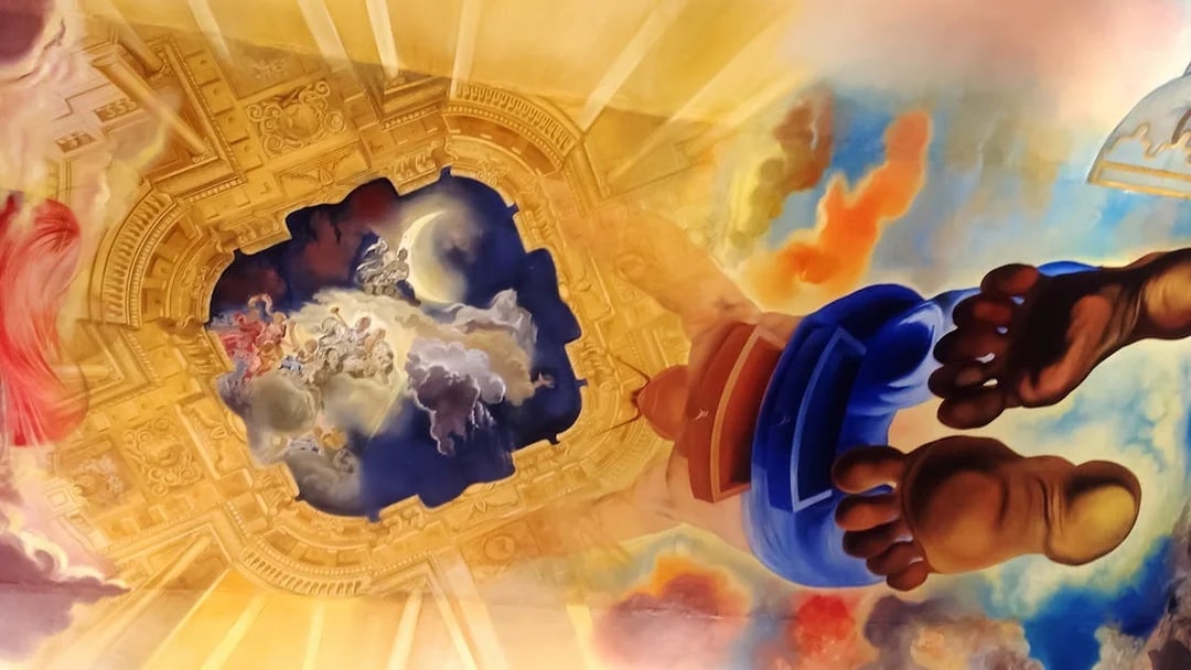 Surreal ceiling mural in Dali Theatre-Museum, Figueres, depicting figures and clouds.