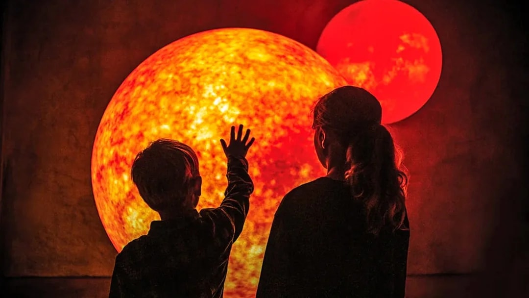 Children exploring solar system display at Dark Sky Indoor Cultural Astronomy Experience.