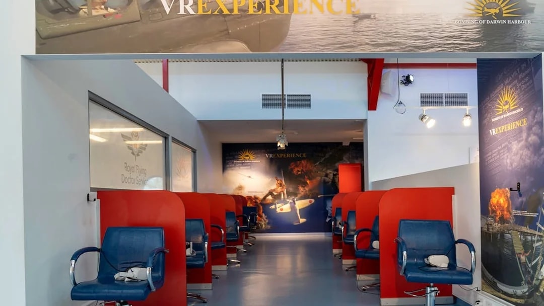 VR experience area at Darwin Royal Flying Doctor Service with seating and headsets.