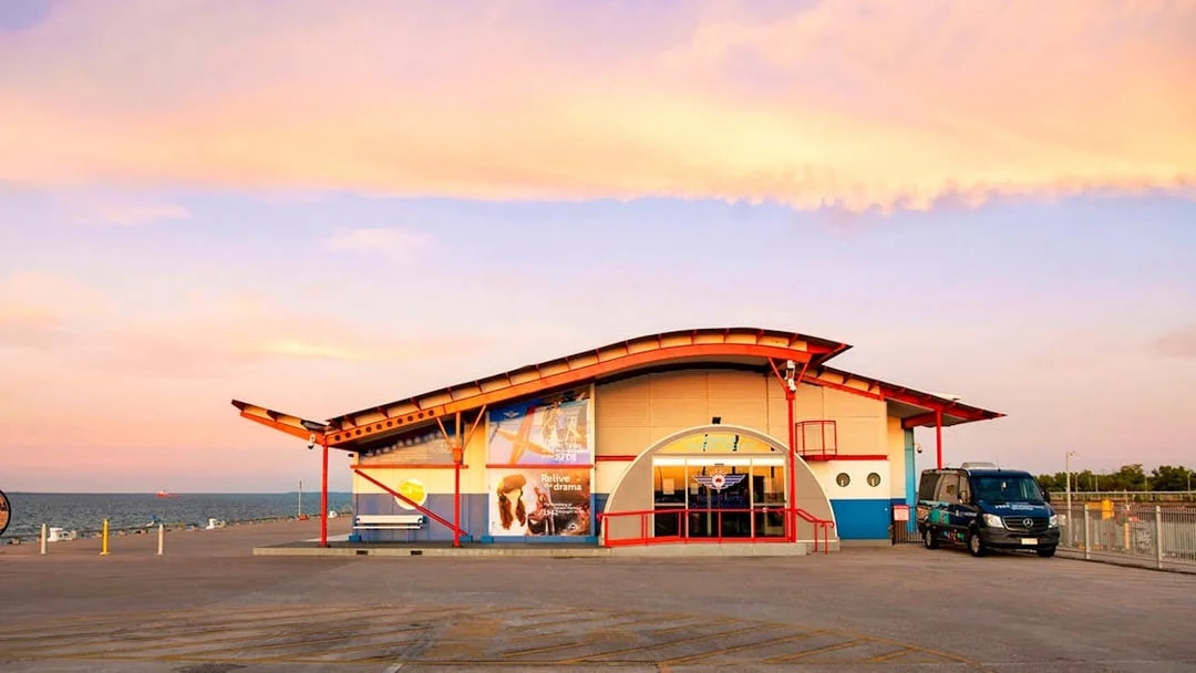 Darwin Royal Flying Doctor Service building exterior at sunset, Australia.