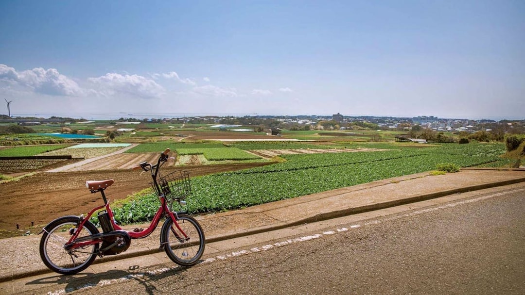 Bicycle on a rural road overlooking fields on a day trip through the Keikyu Line to Misaki Maguro.