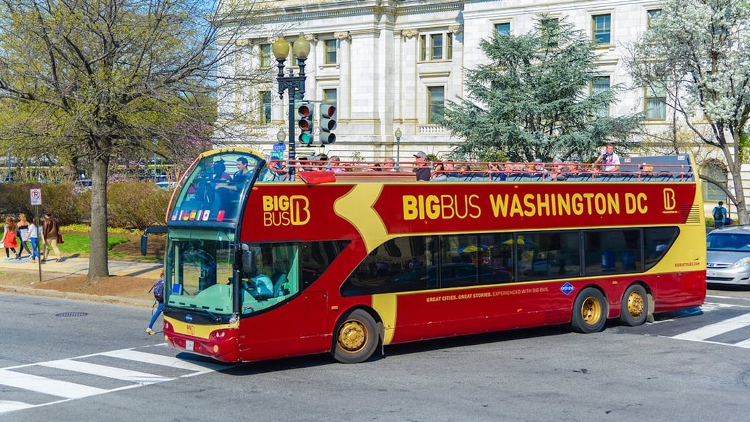 Open-top Big Bus tour in Washington DC passing a historic building.