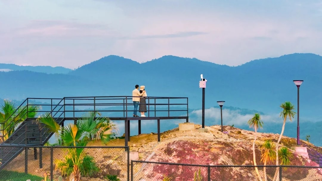 Couple on viewing platform overlooking Dino Desert landscape.