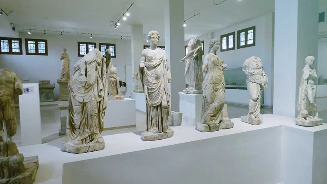 Ancient statues displayed in the Archaeological Museum of Dion, Greece.