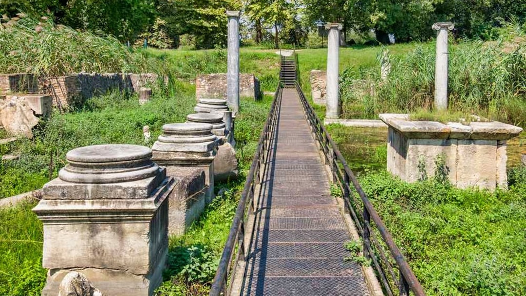 Ancient ruins and columns at Dion archaeological site near Mount Olympus, Greece.