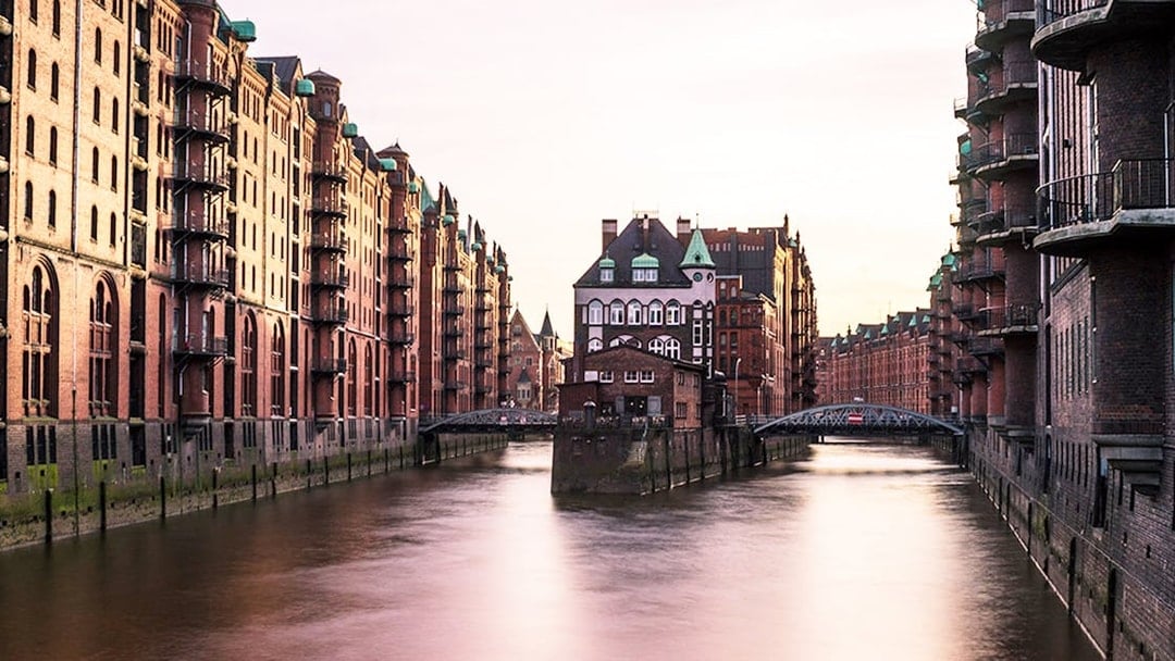 Historic Speicherstadt district canal view in Hamburg during Discover Hamburg Walking Tour.