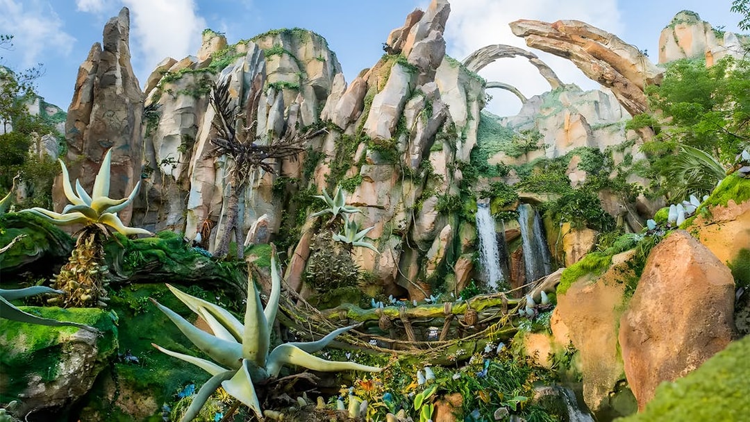 Pandora's floating mountains and lush vegetation at Animal Kingdom Theme Park, Orlando.