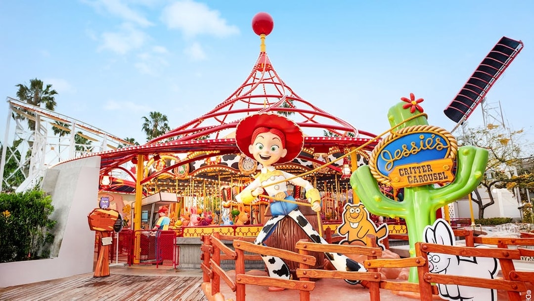 Jessie's Critter Carousel with Jessie figure at Disneyland Park, California.
