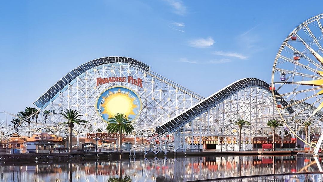 Paradise Pier roller coaster and Mickey Ferris Wheel at Disneyland Adventure Park, California.