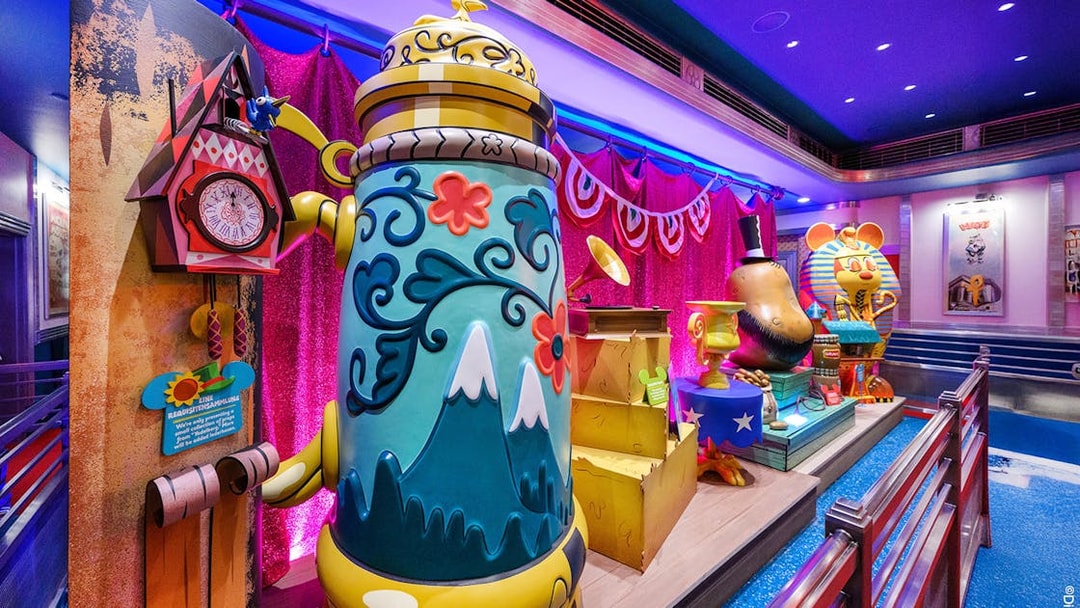 Colorful cartoon-themed decor at Mickey's Toontown attractions, Disneyland Park, California.