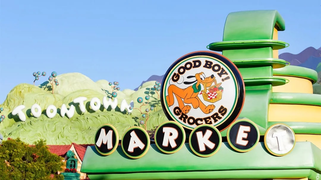 Good Boy Grocers Market sign in Toontown, Disneyland Park, California.