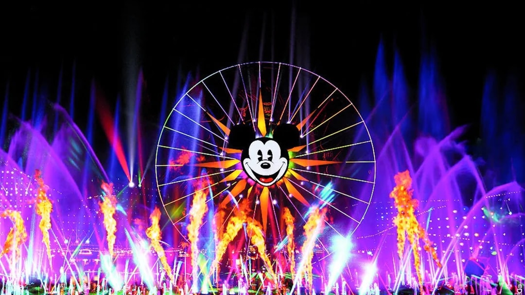 World of Color show with Mickey Ferris wheel at Disneyland Adventure Park, California.